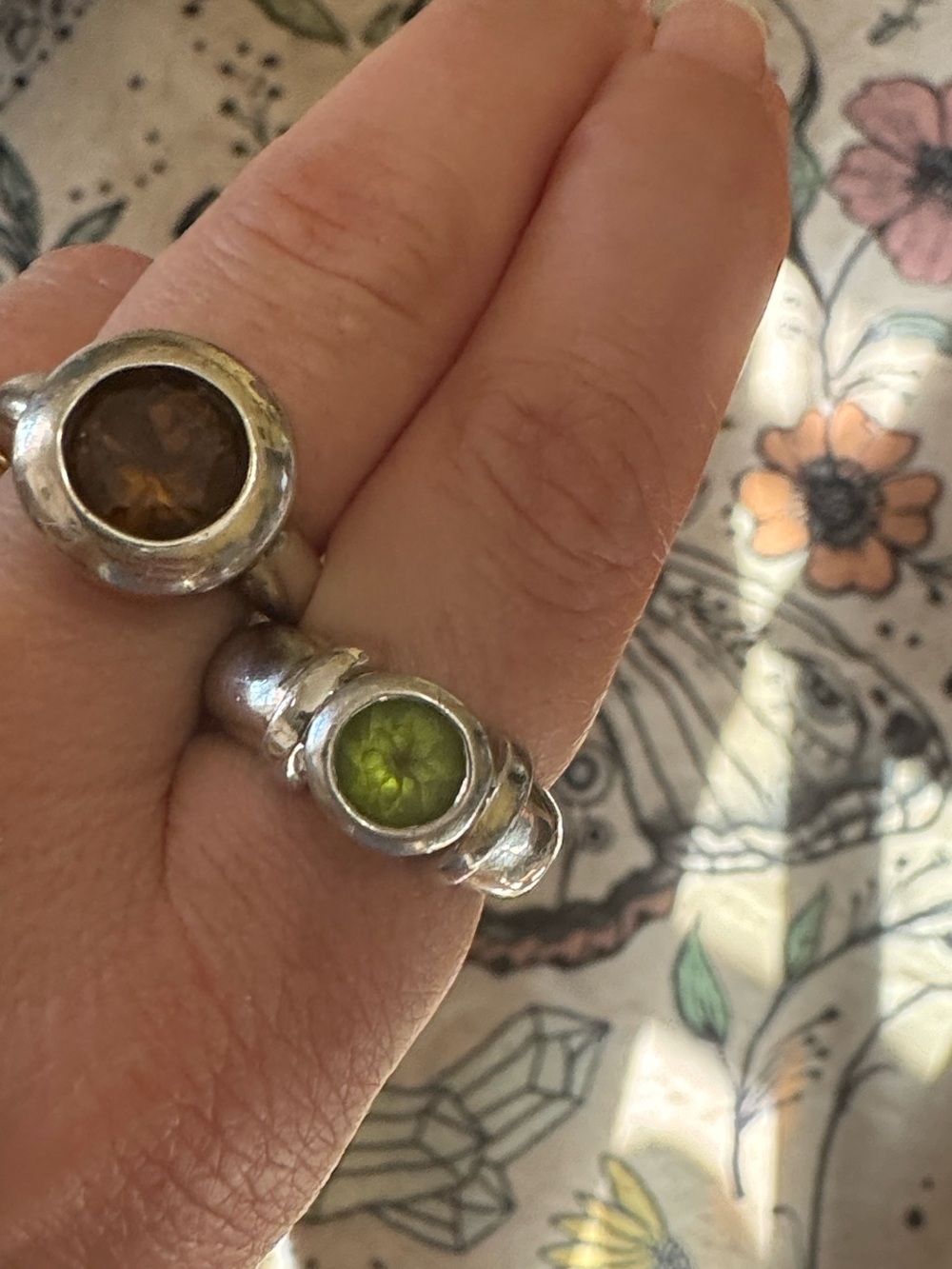 Vintage Sterling Silver Rings with Round Olive Green and Brown Stones Size 8